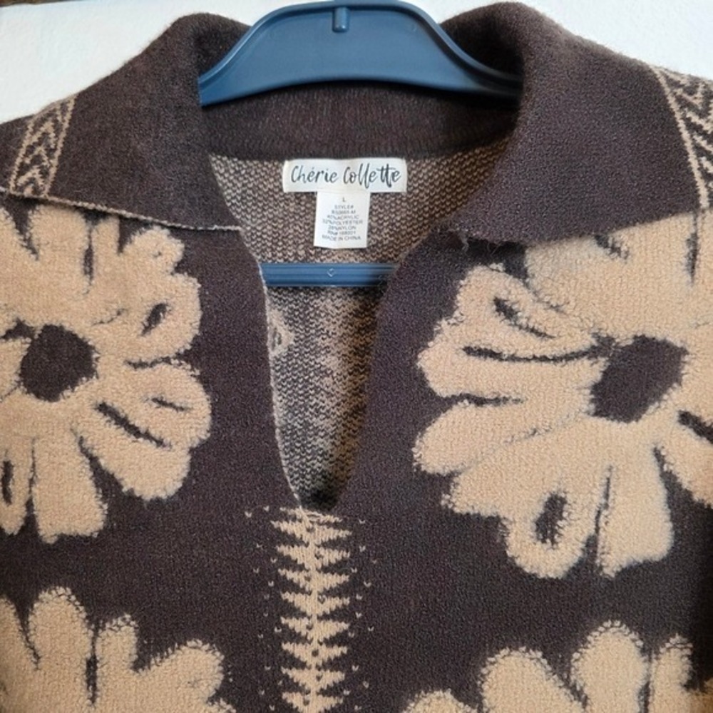 Chérie Collette Brown Floral Knit Sweater Women's Large Boho - Picture 9 of 12
